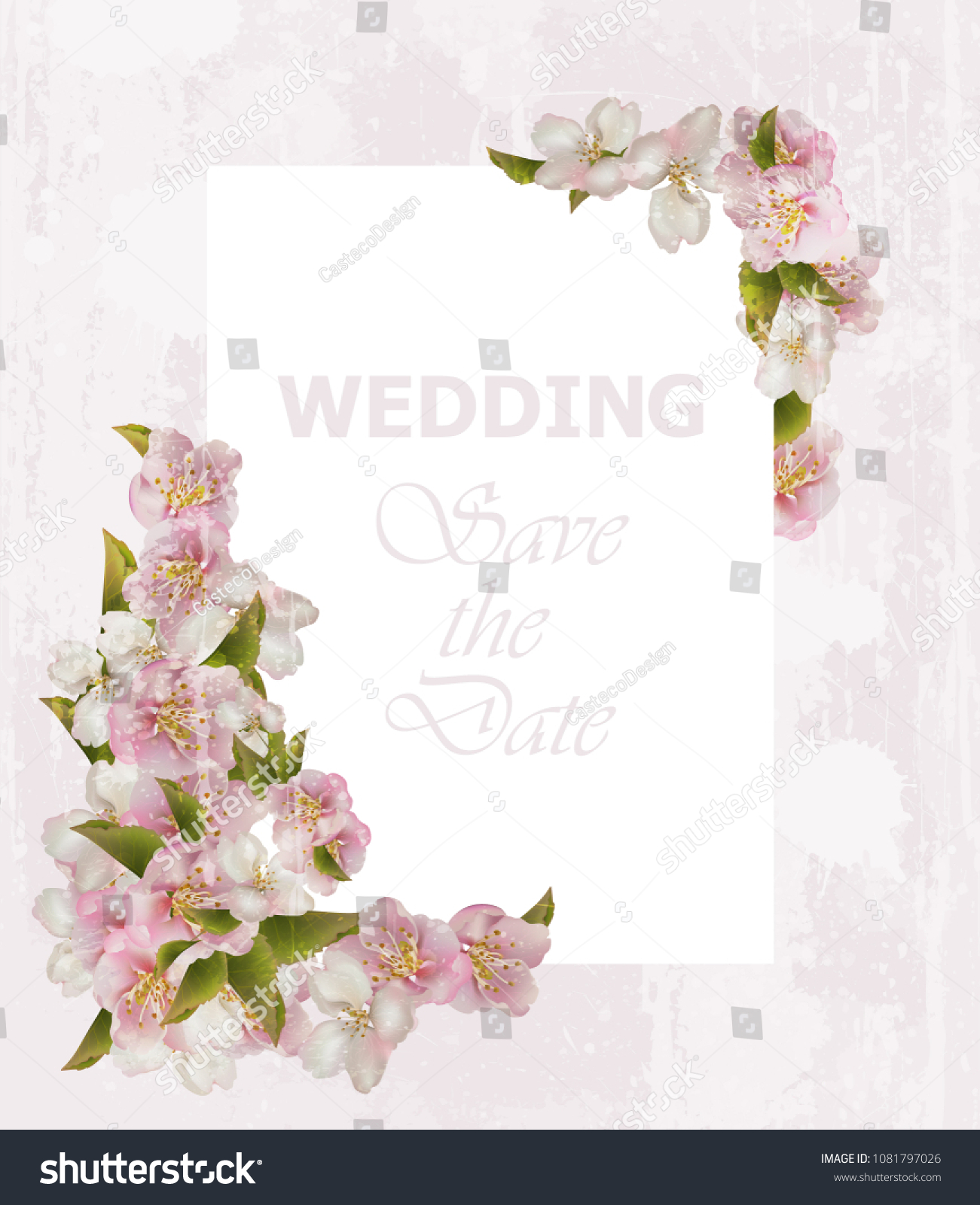 Wedding frame card with cherry flowers. Vector delicate postcards #1081797026