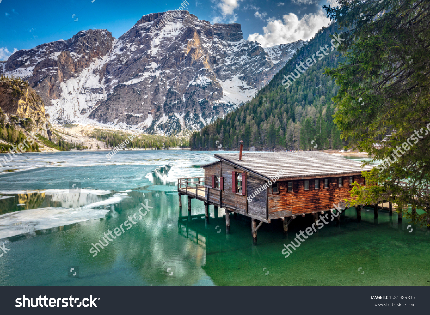 scenic view of famous braies lake in italy #1081989815