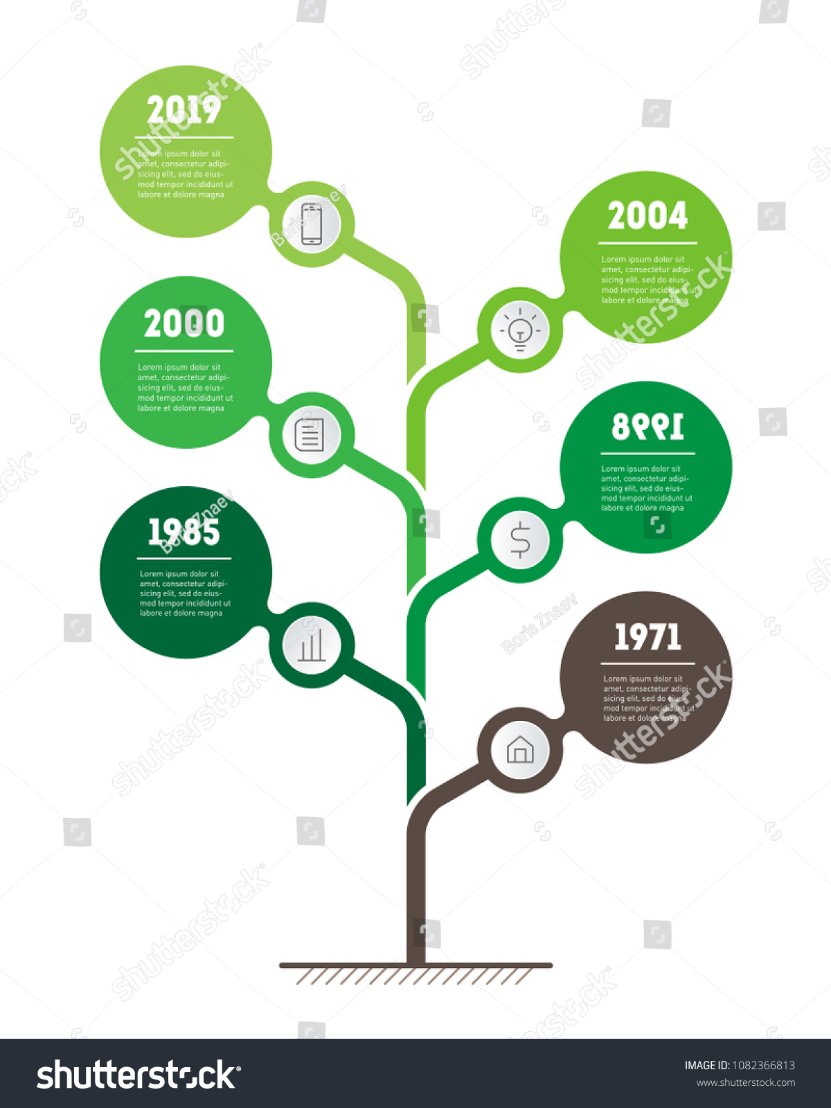 Vertical Timeline infographics. The development and growth of the eco-business. Time line of Social tendencies and trends graph. Business presentation concept with 6 options, parts, steps or processes #1082366813