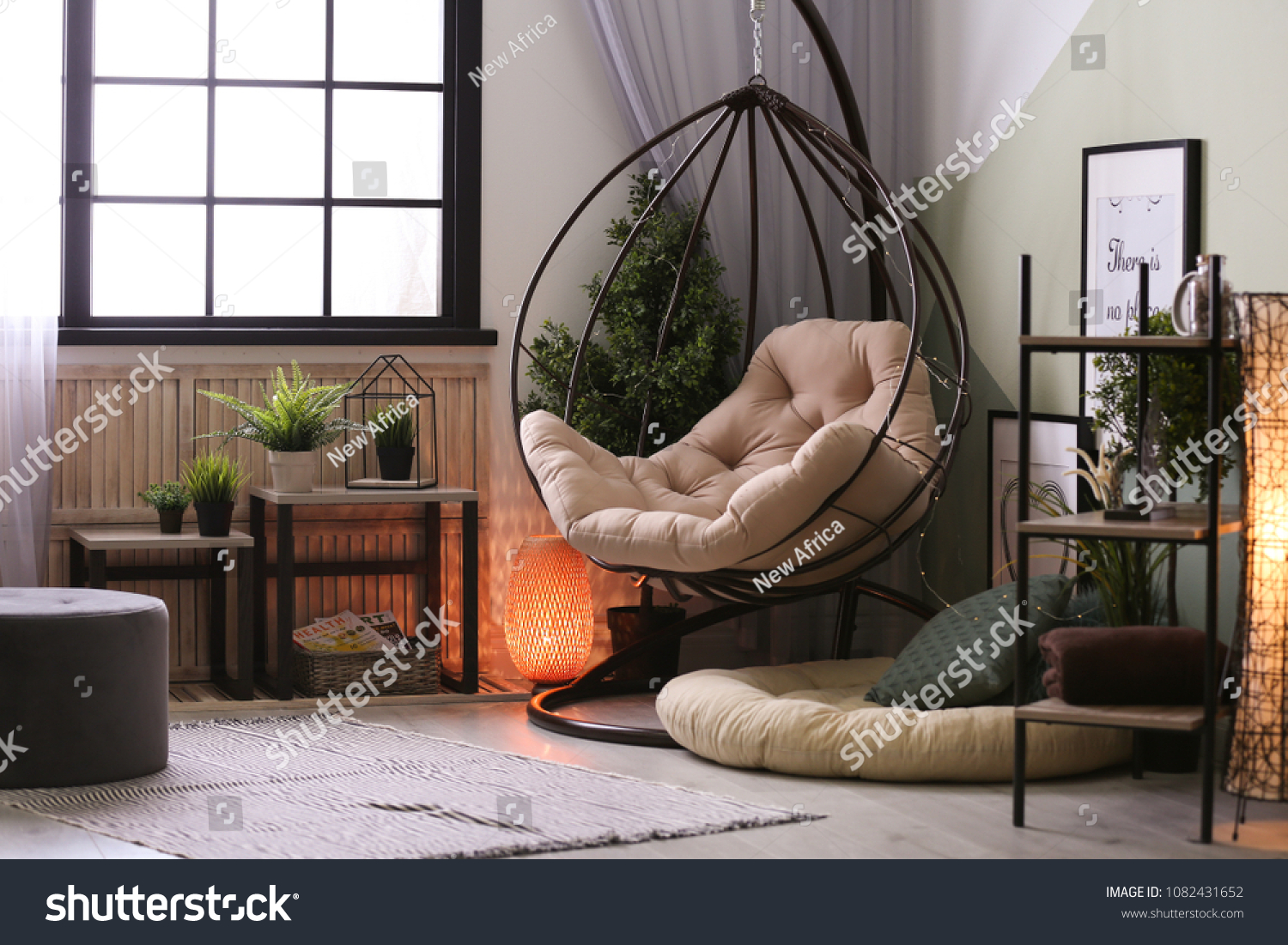 Modern living room interior with floor lamp and hanging armchair #1082431652