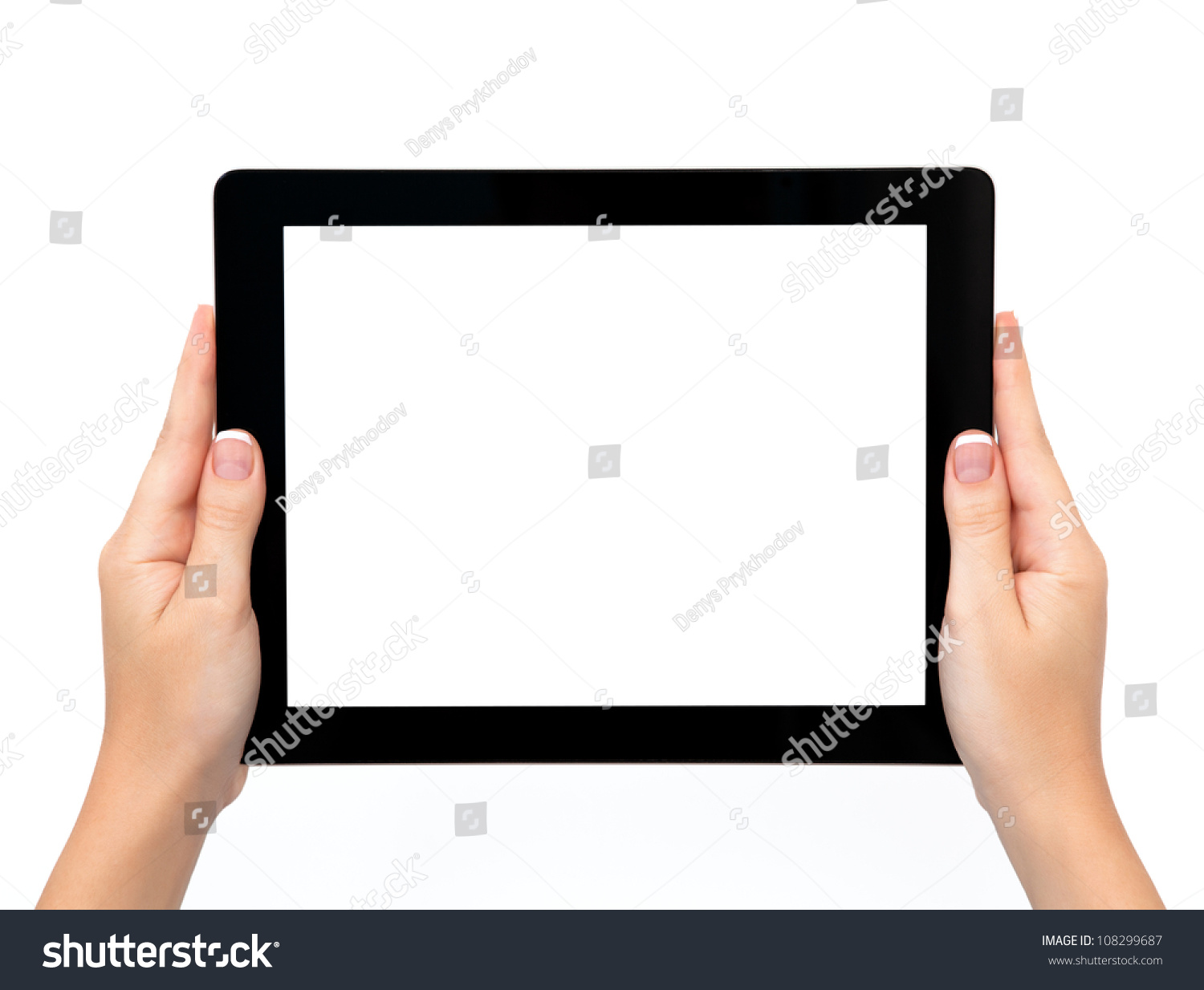 female hands holding a tablet touch computer gadget with isolated screen #108299687