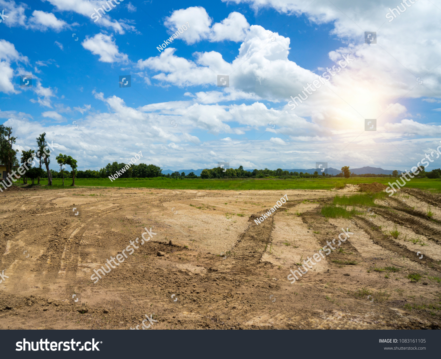 Empty dry cracked swamp reclamation soil, land plot for housing construction project with car tire print in rural area and beautiful blue sky with fresh air Land for sales landscape concept #1083161105