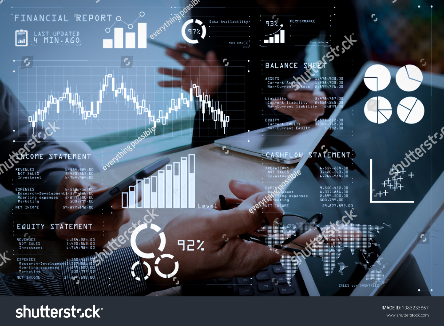 Financial report data of business operations (balance sheet and income statement and diagram) as Fintech concept.two colleague web designer discussing data and digital tablet and computer laptop. #1083233867