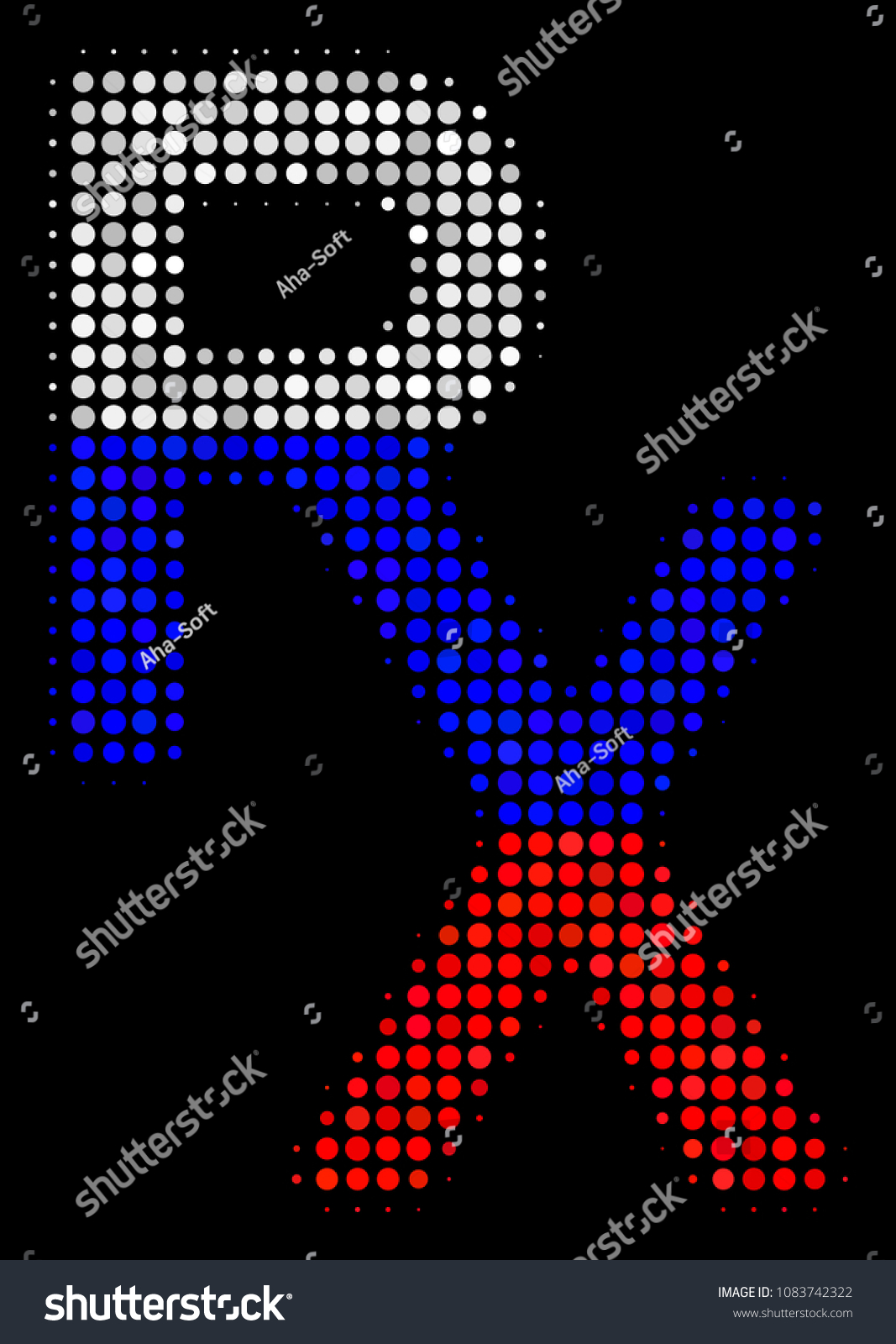 Halftone Rx Medical Symbol pictogram colored in Russia state flag colors on a dark background. Vector collage of Rx medical symbol icon constructed from circle pixels. #1083742322