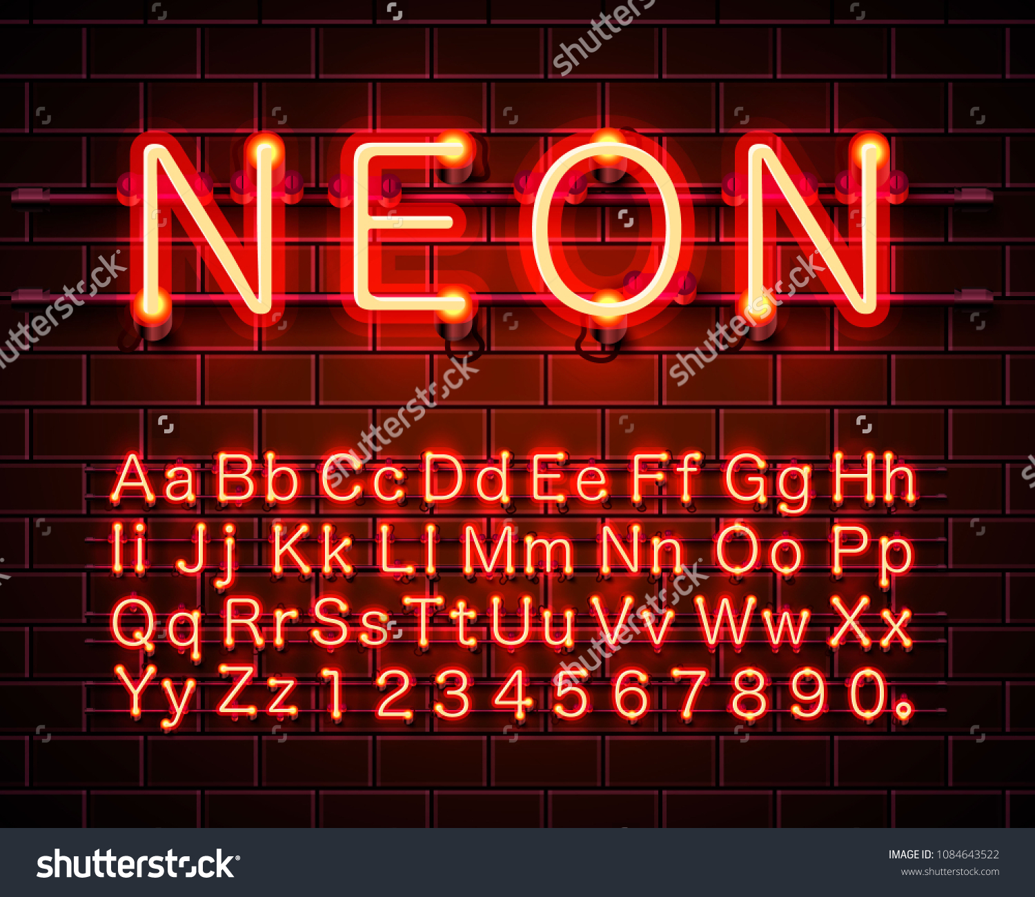 Neon city color red font. English alphabet and numbers sign. Vector illustration #1084643522
