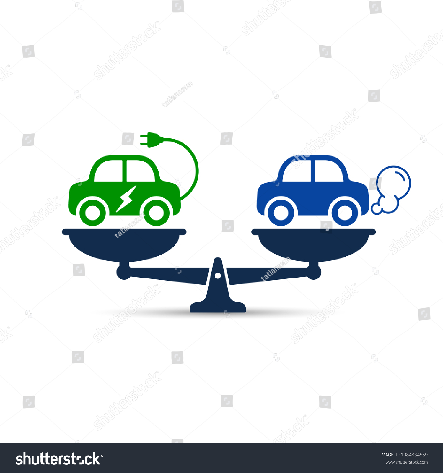 Electric car versus gasoline and diesel car on scales icon. Comparison between electric environmentally friendly and gas polluting car. #1084834559