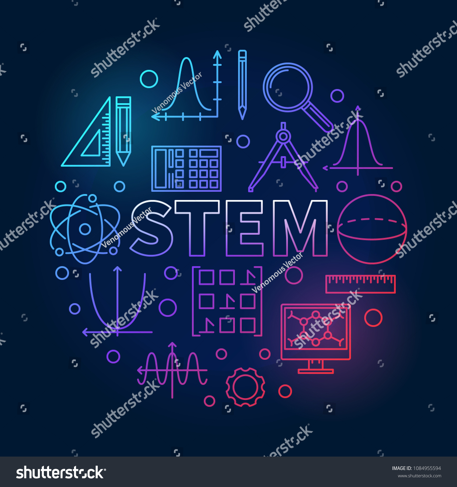 STEM round creative colored illustration in outline style. Vector science, technology, engineering, math circular linear symbol on dark background #1084955594