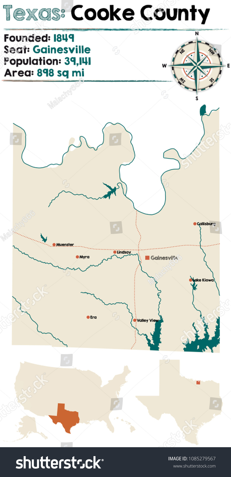 Detailed map of Cooke county in Texas, USA. - Royalty Free Stock Vector ...