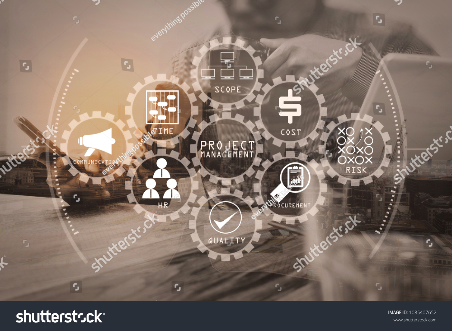 Project management diagram of cost, time, scope, human resources, risks, quality and communication with icons.Double exposure of success businessman using smart phone. #1085407652