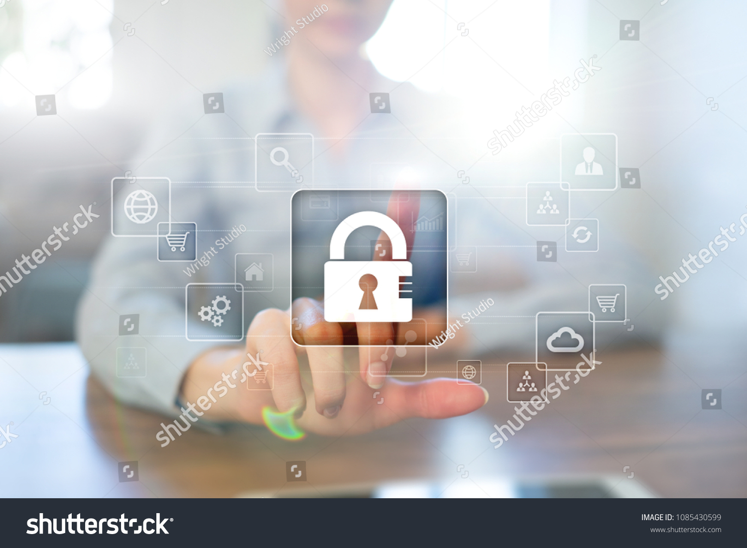 Data protection, Cyber security, information safety and encryption. internet technology and business concept.  Virtual screen with padlock icons. #1085430599