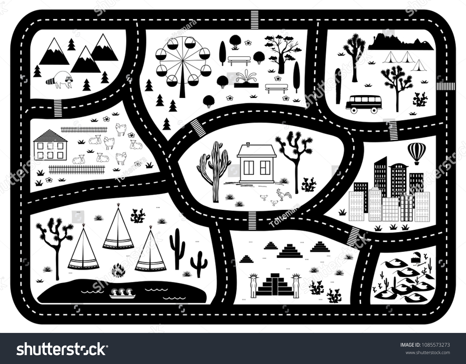 Road, Mountains and Woods Adventure Map. Kids play carpet or poster with native americans tribal elements. Trendy black and white Scandinavian Style. Vector illustration #1085573273