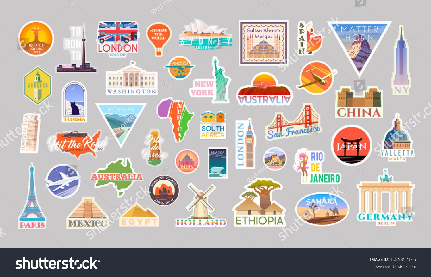 Big Set of vector travelling stickers. Landmarks of the World. Collection include, Turkey, the USA, Italy, France, Egypt, China, Spain, the UK, Australia, Brazil, Malta, Japan, South Africa and other. #1085857145