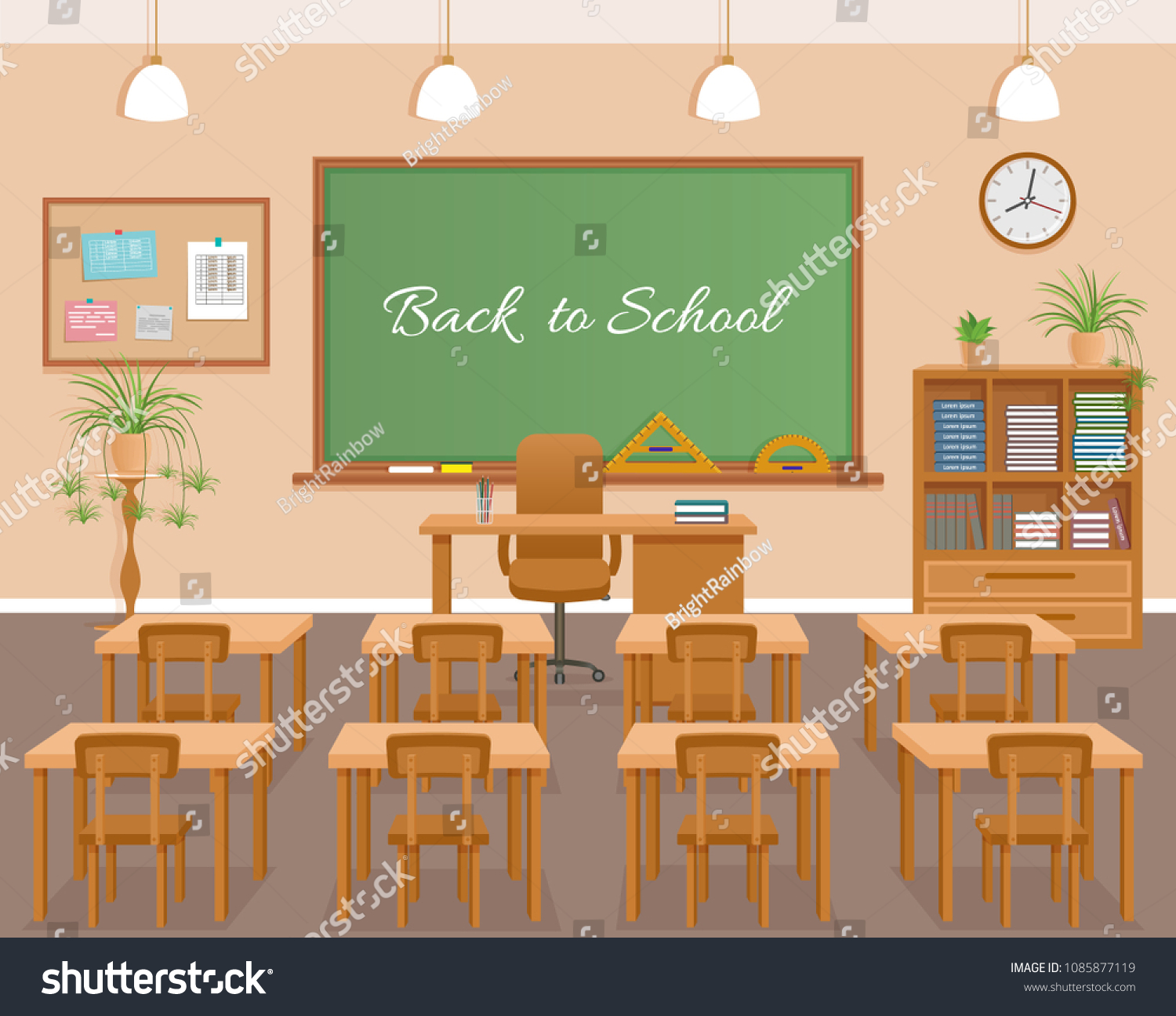 School classroom with chalkboard, student desks and teacher's desk. School class room interior design with text on chalkboard. #1085877119