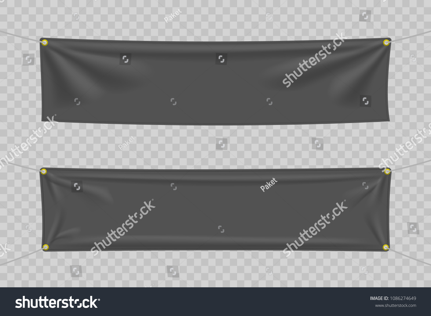 Black textile banners with folds. Blank hanging fabric template set. Vector illustration #1086274649