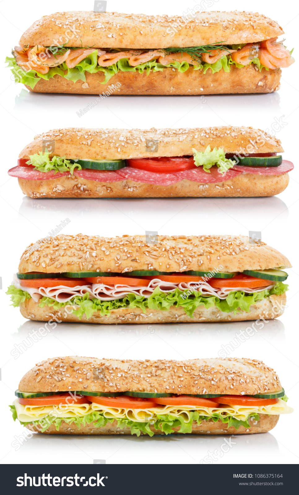 Collection of sub sandwiches with salami ham cheese salmon fish lateral portrait format isolated on a white background #1086375164