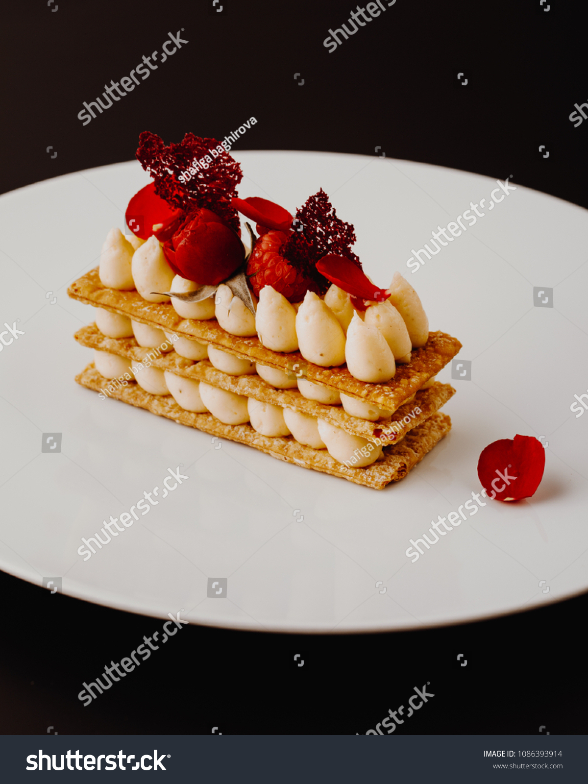 Millefeuille dessert with strawberries dessert sweet . dessert with berries. top view #1086393914