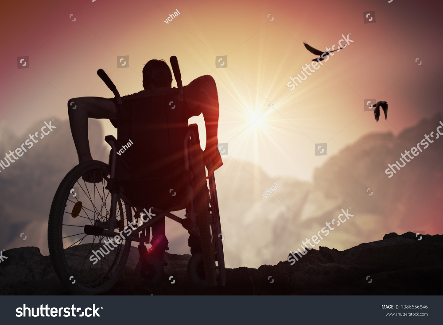 Disabled handicapped man has a hope. He is sitting on wheelchair and stretching hands at sunset. #1086656846