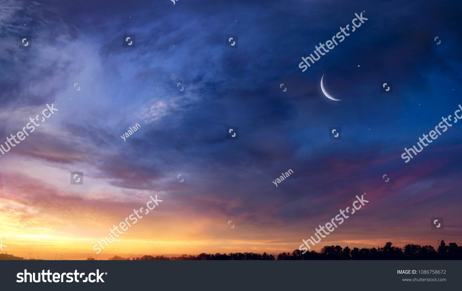  Crescent moon with beautiful sunset background . Generous Ramadan  #1086758672
