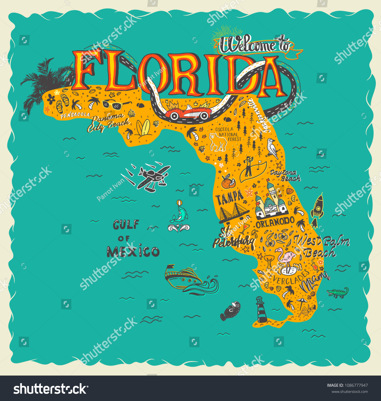 Hand Drawn Illustration Of Florida Map With - Royalty Free Stock Vector 