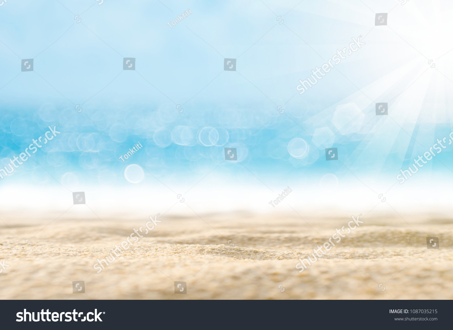 Blur tropical beach with bokeh sun light wave abstract background. Copy space of outdoor summer vacation and travel adventure concept. Vintage tone filter effect color style. #1087035215