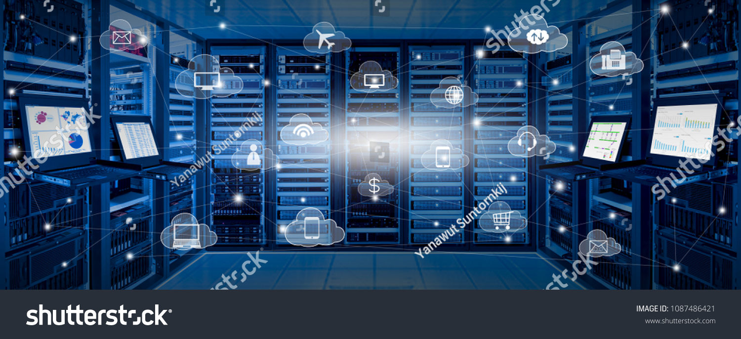 Internet data center room with server and networking device on rack cabinet and kvm monitor with charts on screen and cloud services icon with connection lines, cloud computing concept #1087486421
