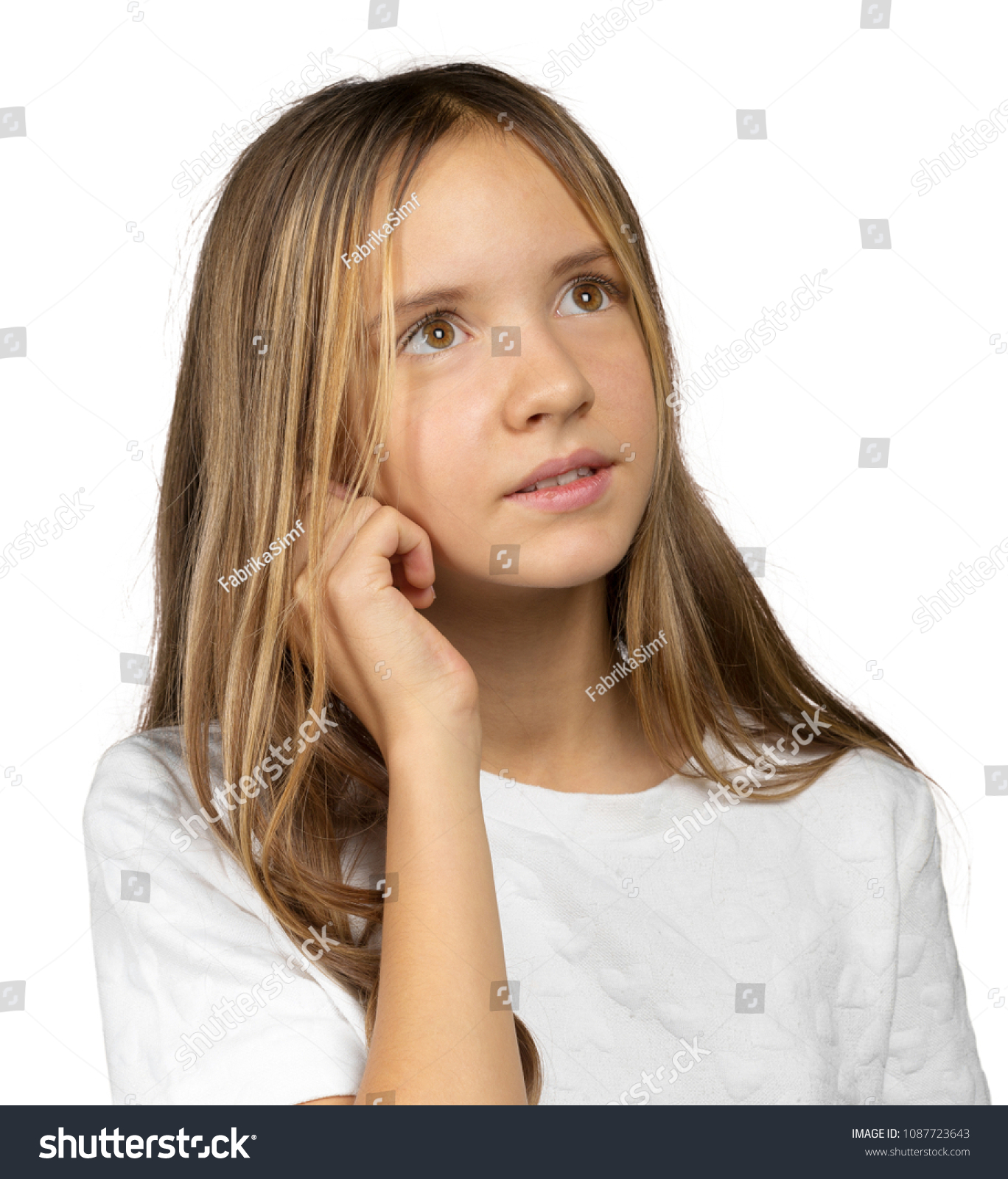 Portrait of a emotional beautiful little girl. Isolated on white background. #1087723643
