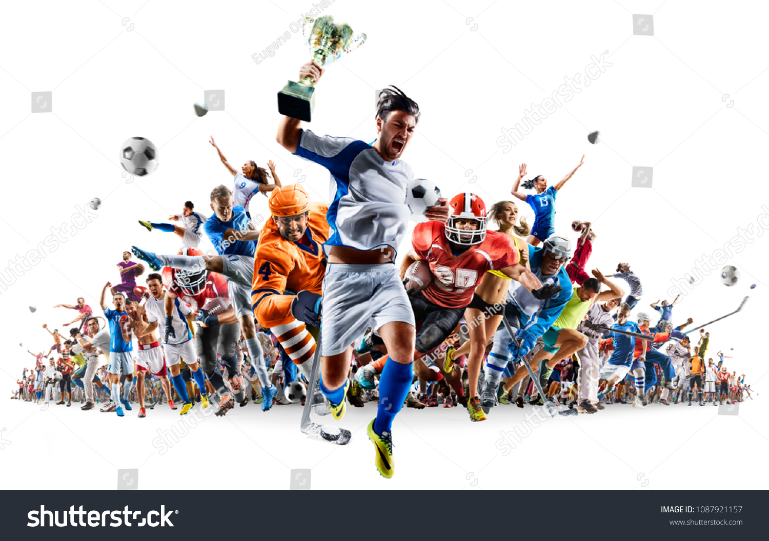 Grand sports collage soccer basketball hockey baseball american football etc isolated on white #1087921157