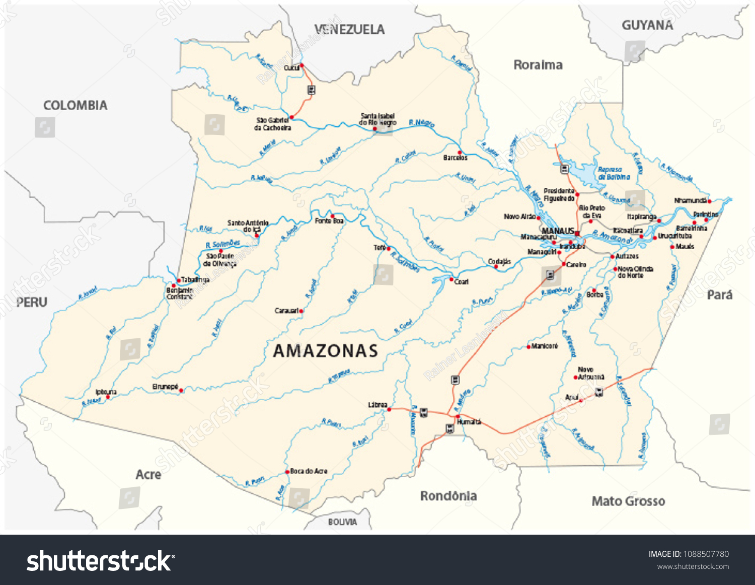 road vector map of the brazilian state amazonas - Royalty Free Stock ...