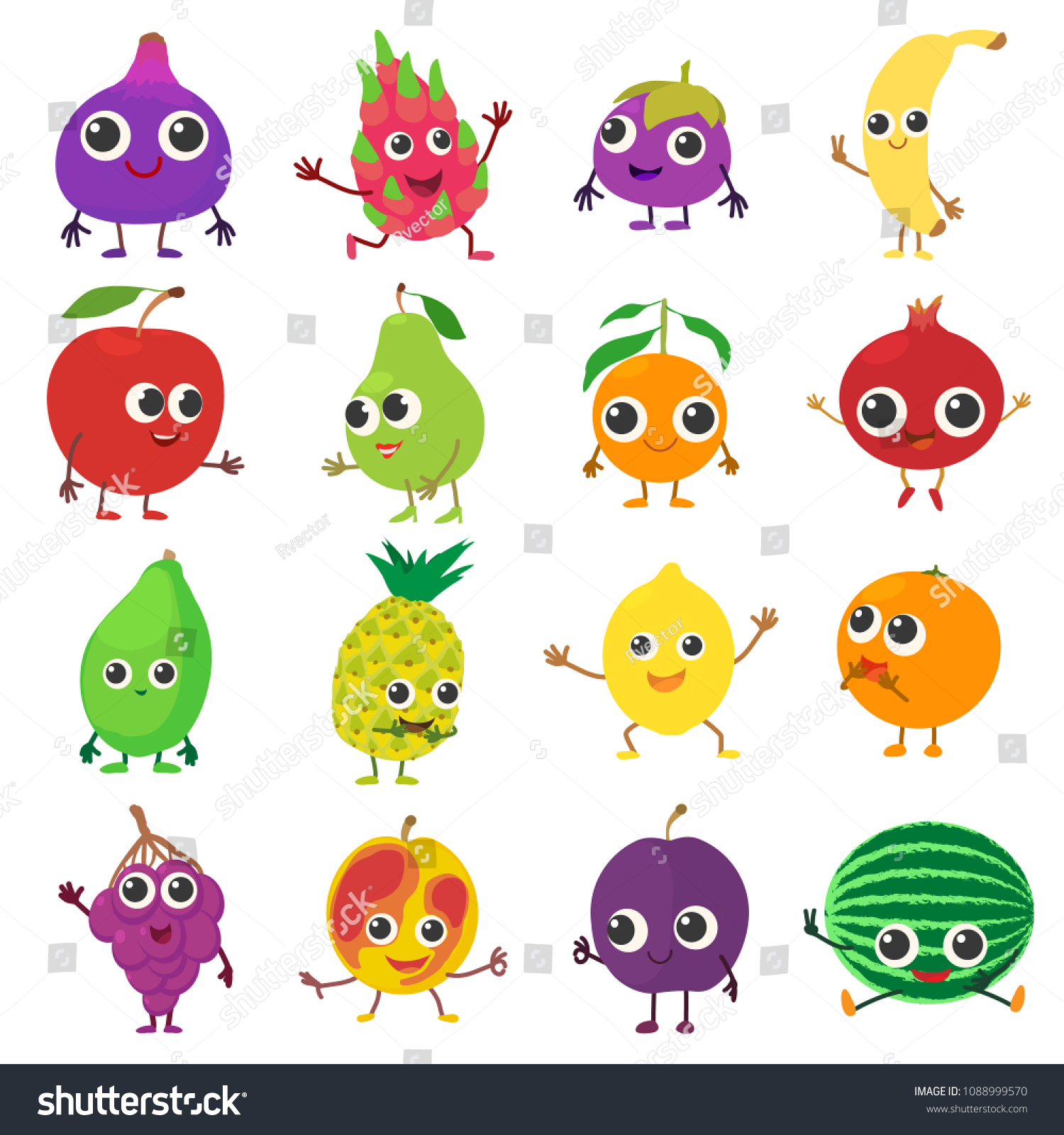 Smiling fruit icons set. Cartoon illustration of 16 smiling fruit icons for web #1088999570