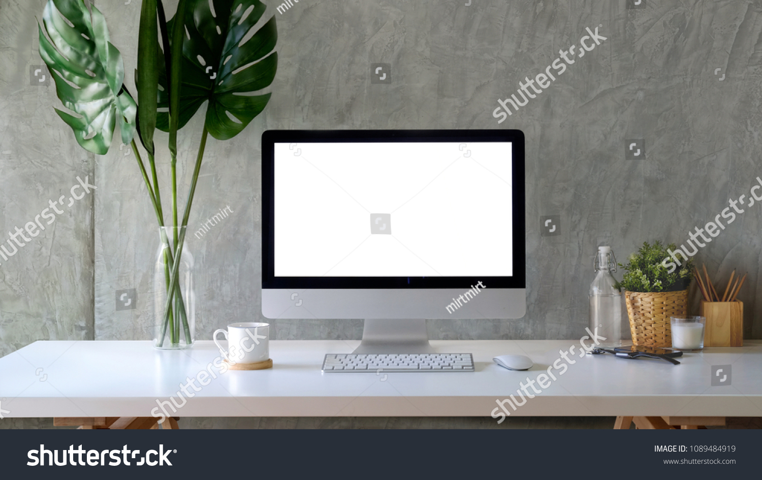 Workspace mockup desktop computer and stuff on white wooden table. #1089484919