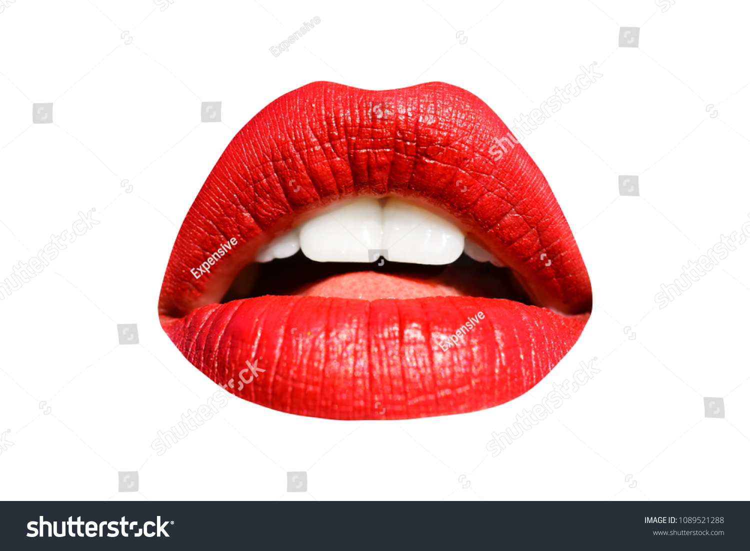 Lips, red lipstick, mouth isolated on white background with white teeth. Sexy kiss, girl smile, female mouth close up, sensual seductive tongue in the mouth of a young woman cosmetics. Cosmetology #1089521288