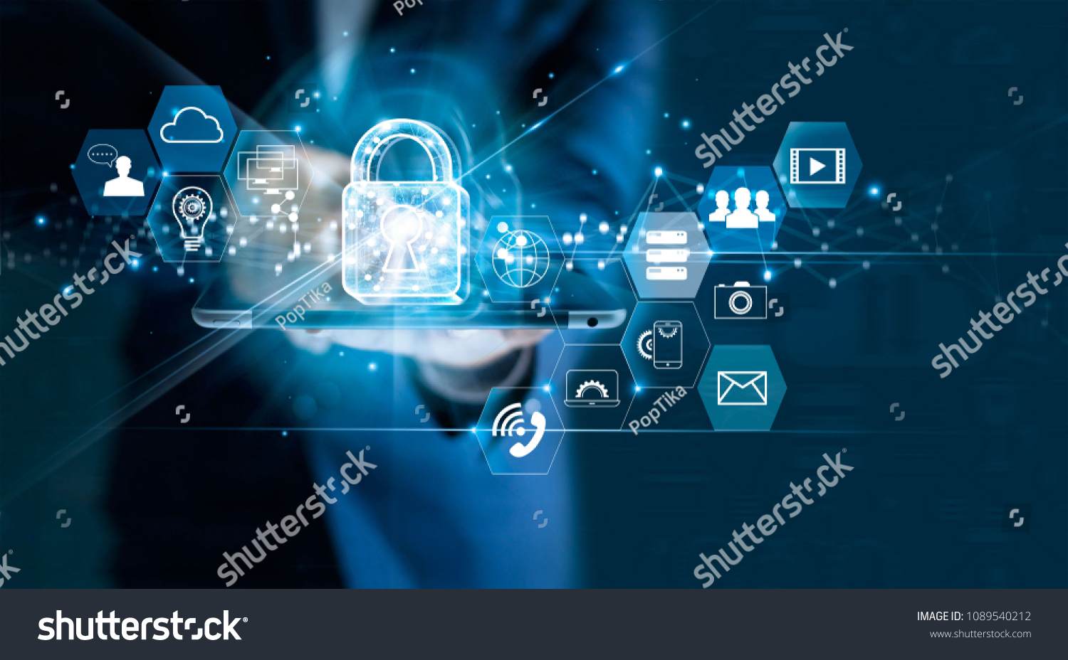 Data protection privacy concept. GDPR. EU. Cyber security network. Business man protecting data personal information on tablet. Padlock icon and internet technology networking connection on digital  #1089540212