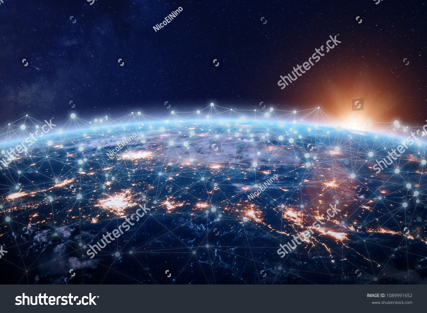 Global world telecommunication network connected around planet Earth, concept about internet and worldwide communication technology for finance, blockchain cryptocurrency or IoT, image from NASA #1089991652