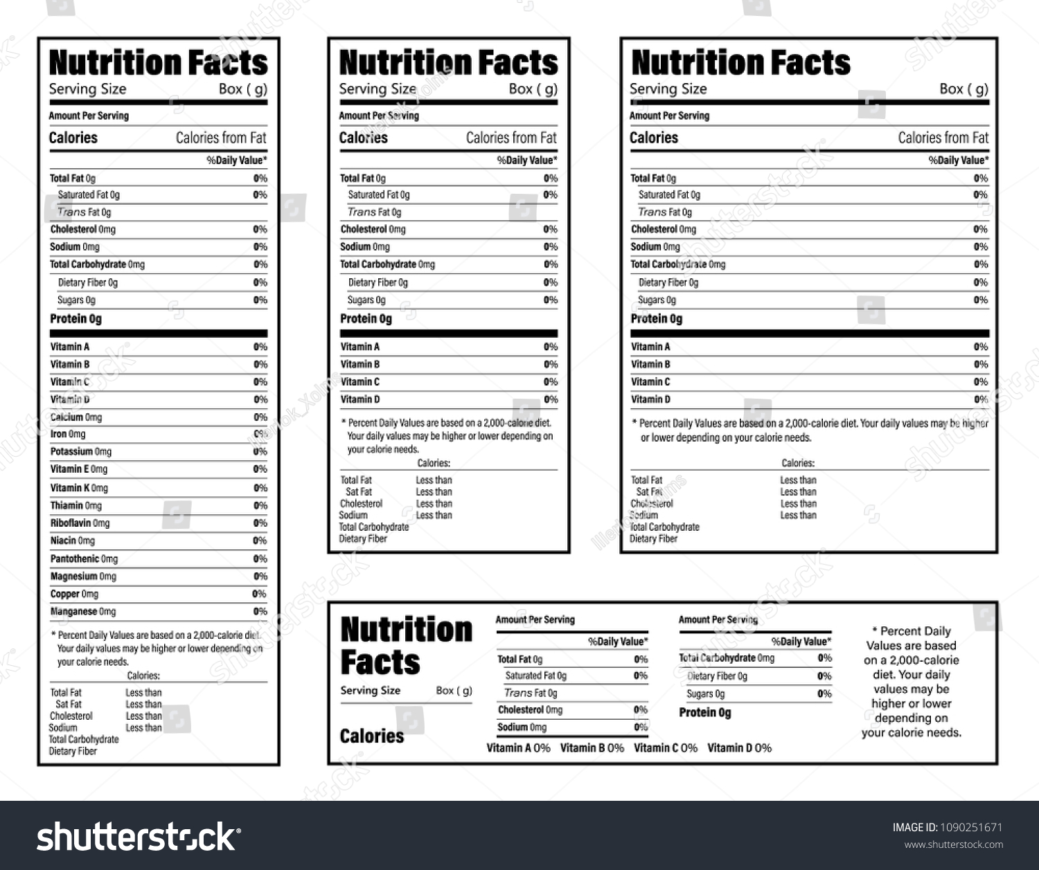 Nutrition Facts information label for box. Daily value ingredient calories, cholesterol and fats in grams and percent. Flat design, vector illustration on background #1090251671
