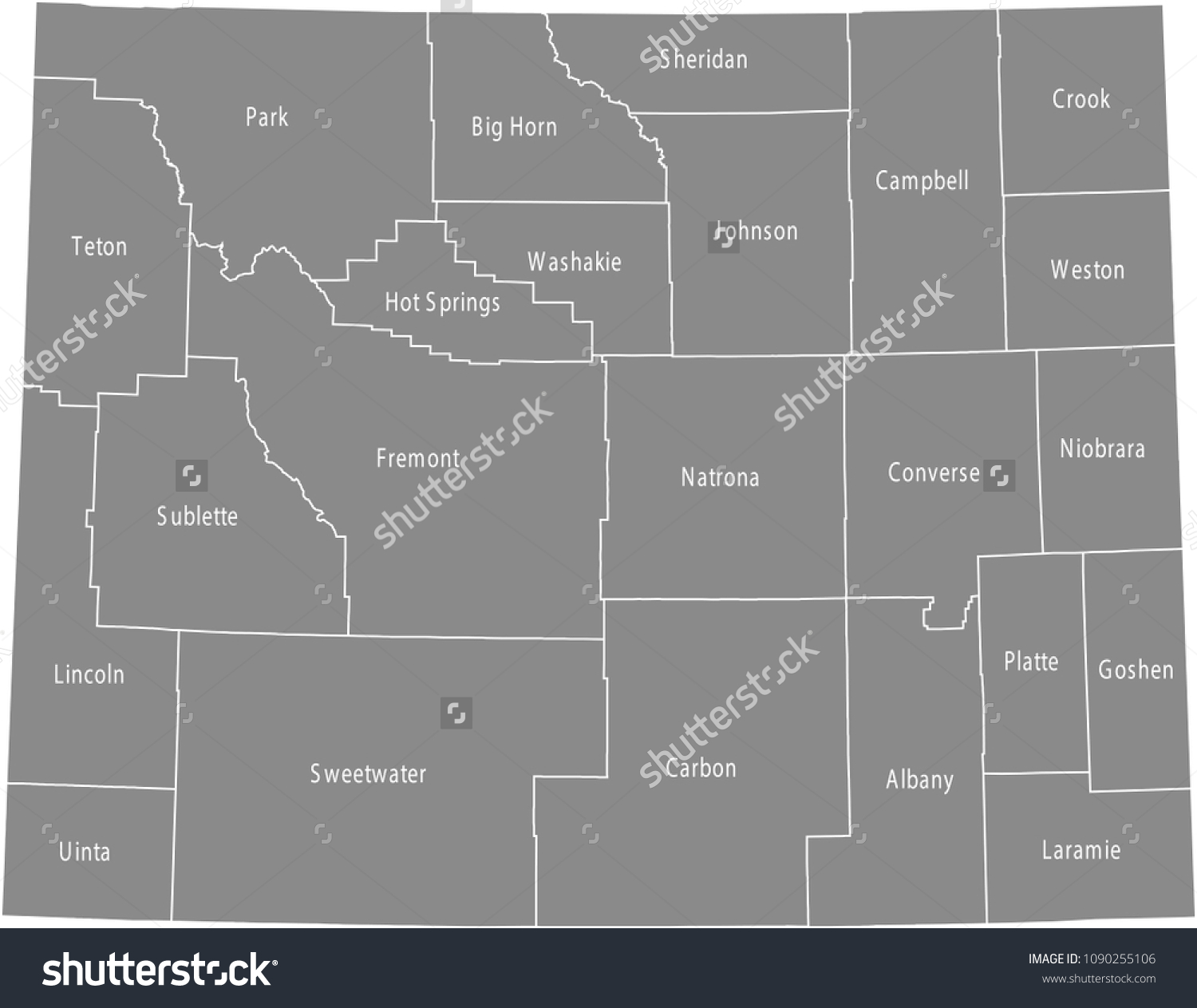 Wyoming County Map Vector Outline In Gray Royalty Free Stock Vector 1090255106 2347