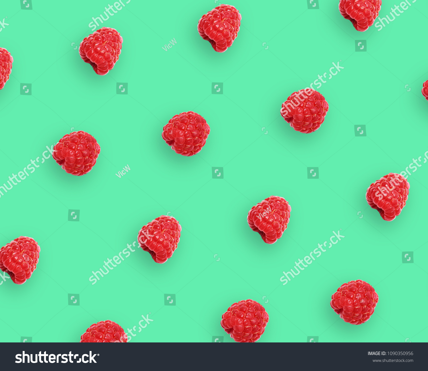 Raspberry berries pattern on vivid green, conceptual image, top view. Summer berry minimalistic flat lay background, bright colors. #1090350956