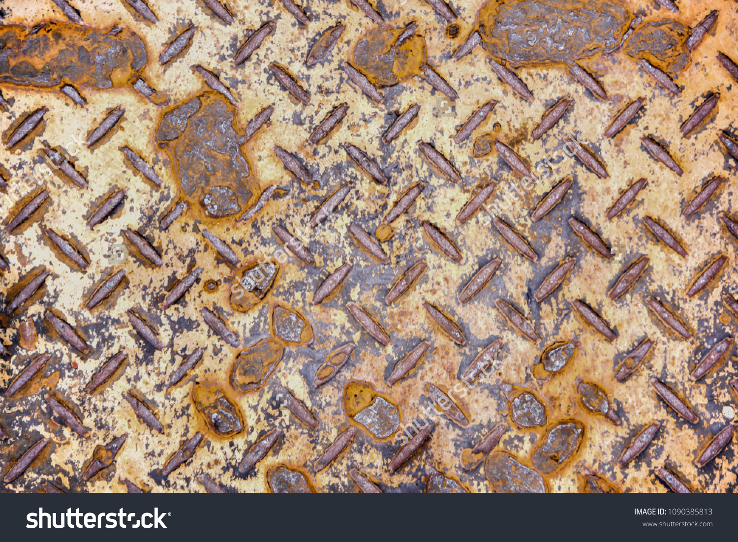 Steel plate slip old dirty metal surfaces rough. rusty sheet pattern texture background with rhombus shapes. #1090385813