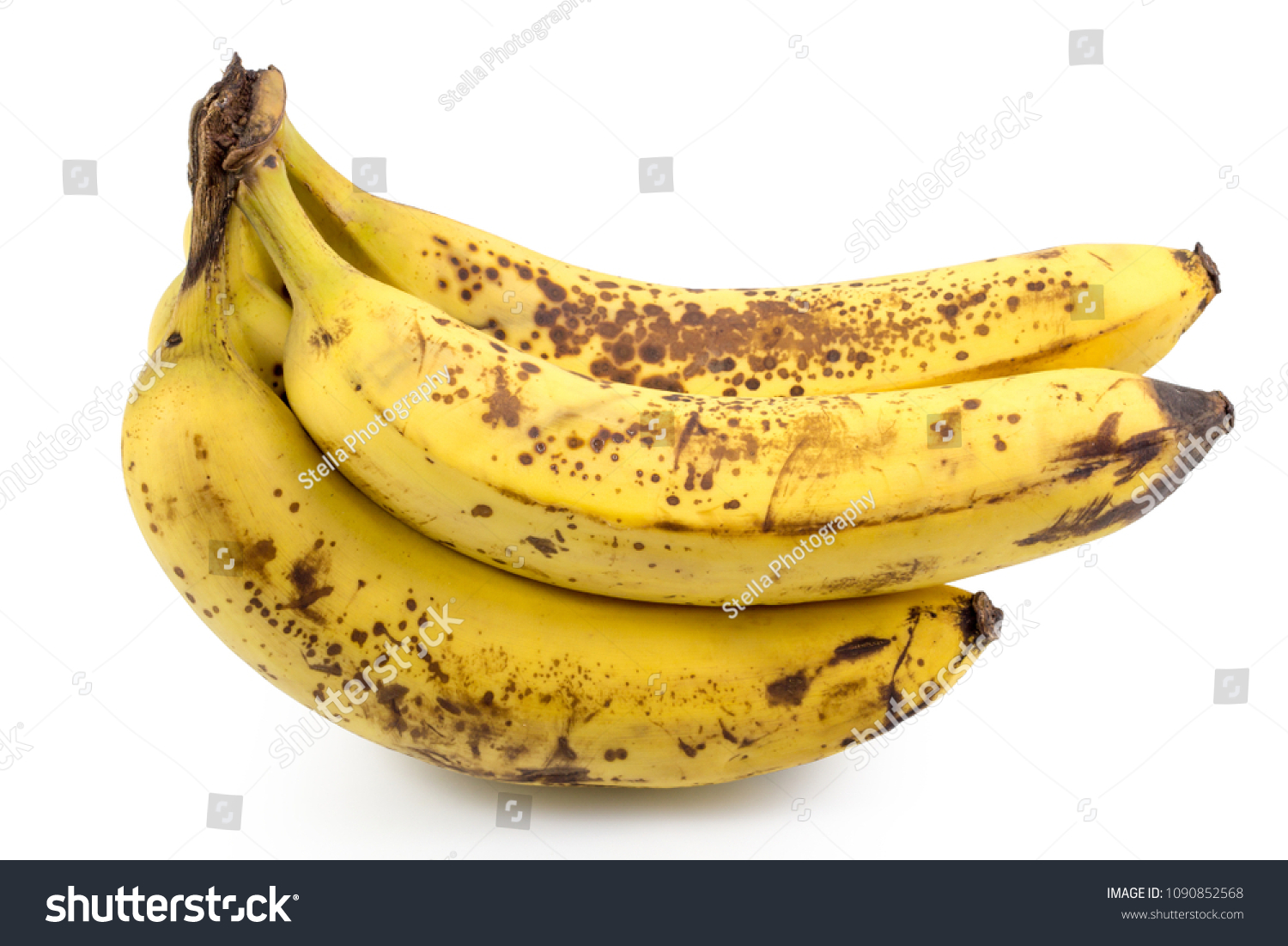 Ripe yellow bananas fruits, bunch of ripe bananas with dark spots on a white background with clipping path. #1090852568