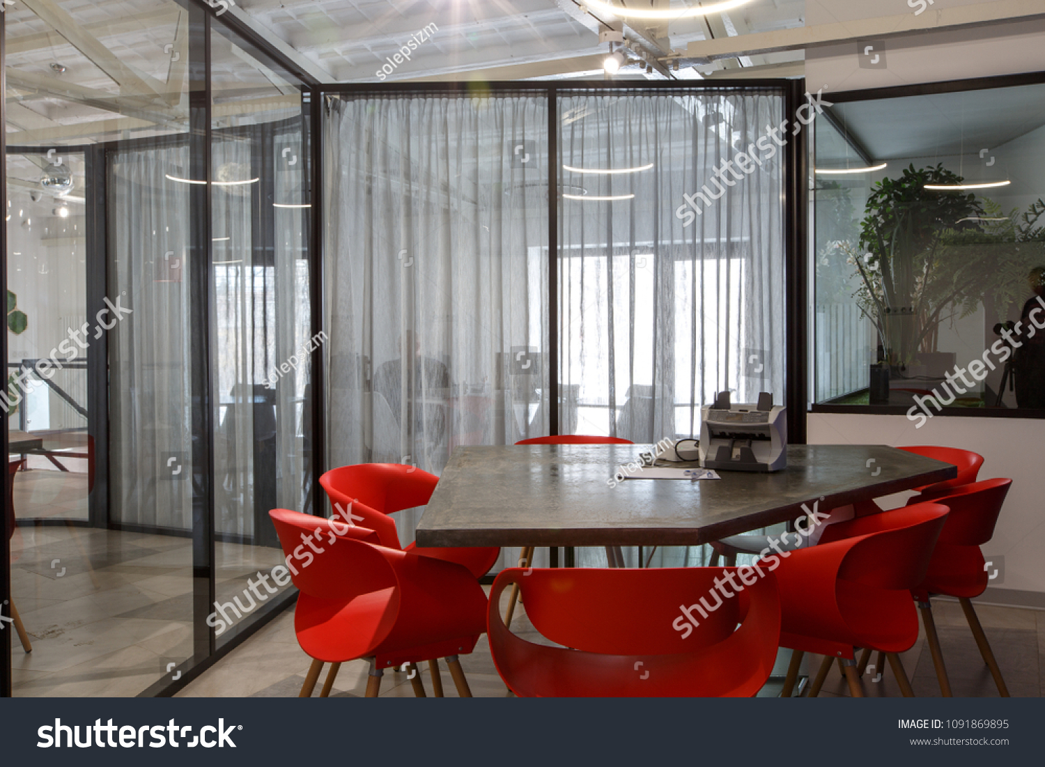 Brand new designed office interior in hi tech stile. Many steel, glass and natural wood elements, white walls and ceilings.  #1091869895