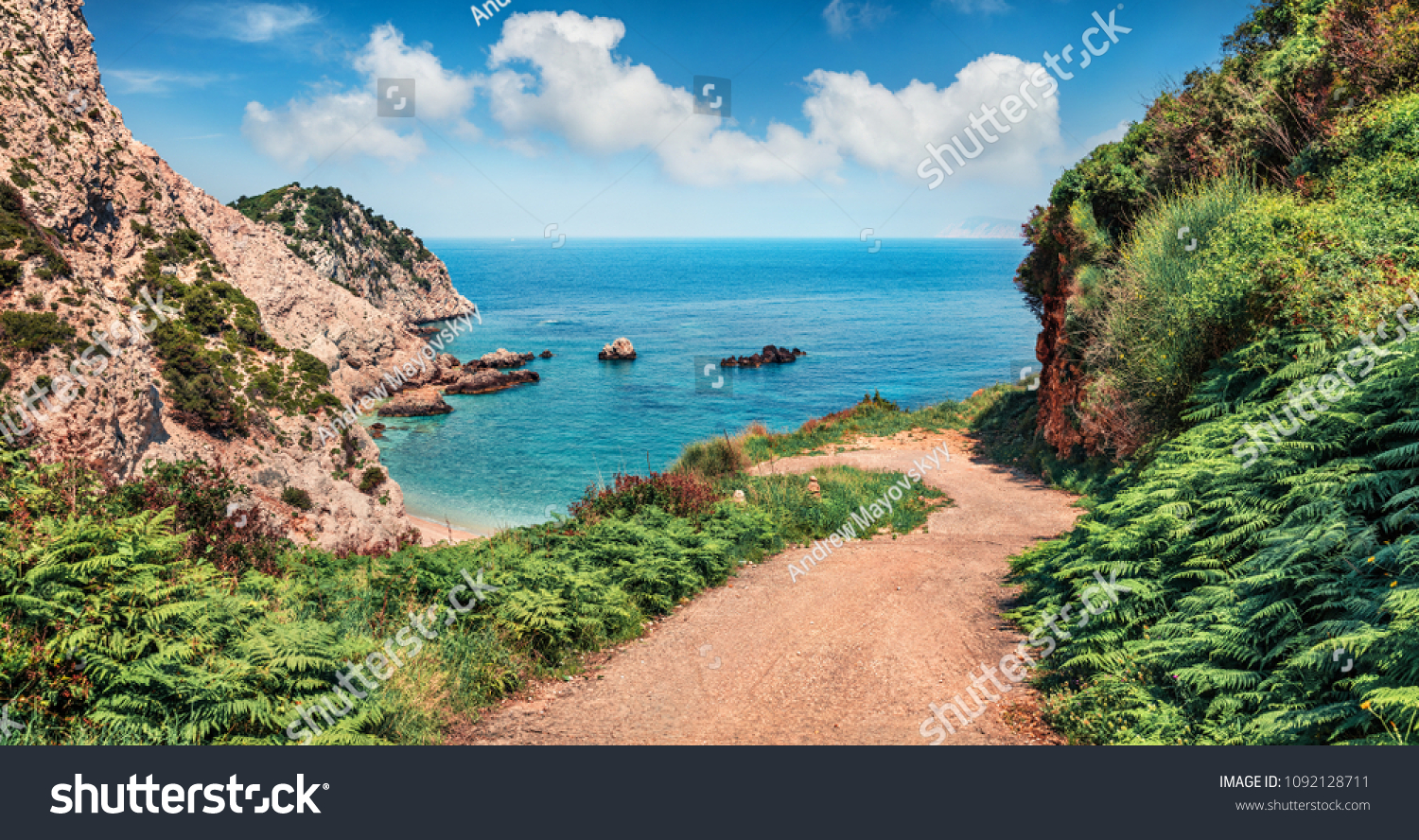 Old road to Agia eleni beach. Colorful morning seascape of Mediterranean Sea. Bright outdoor scene of Cephalonia island, Greece, Europe. Traveling on Ionian Islands.  #1092128711