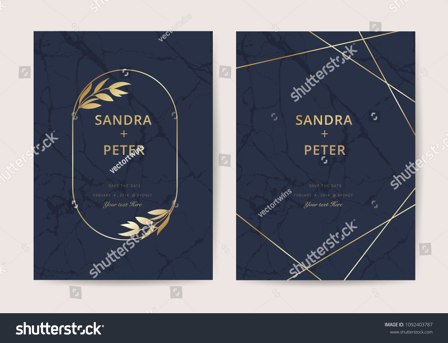 Wedding invitation cards with indigo marble texture background and gold geometric  line design vector. #1092403787