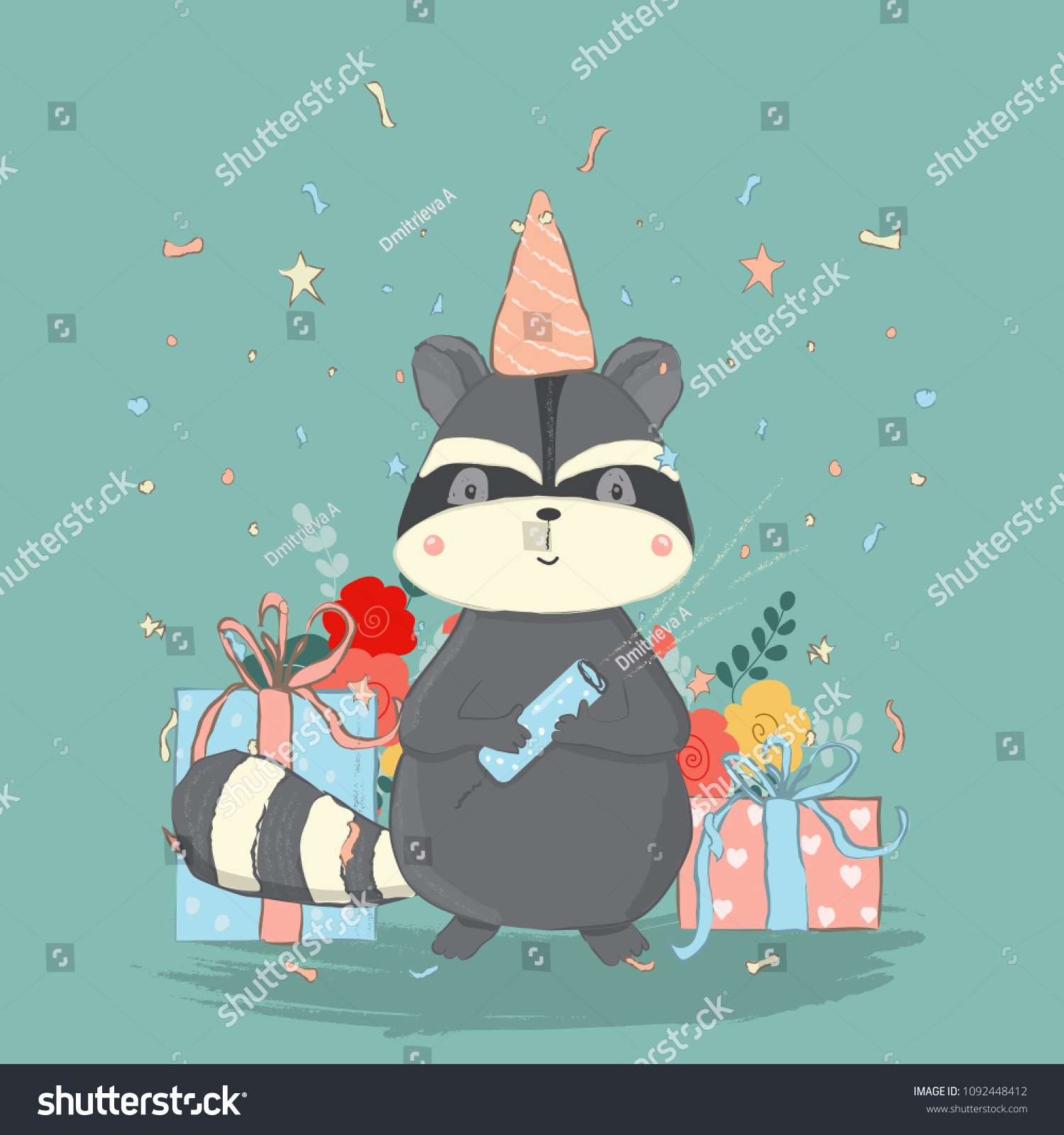happy birthday. Postcard with cute funny raccoon. Retro. Vintage. Cartoon. #1092448412