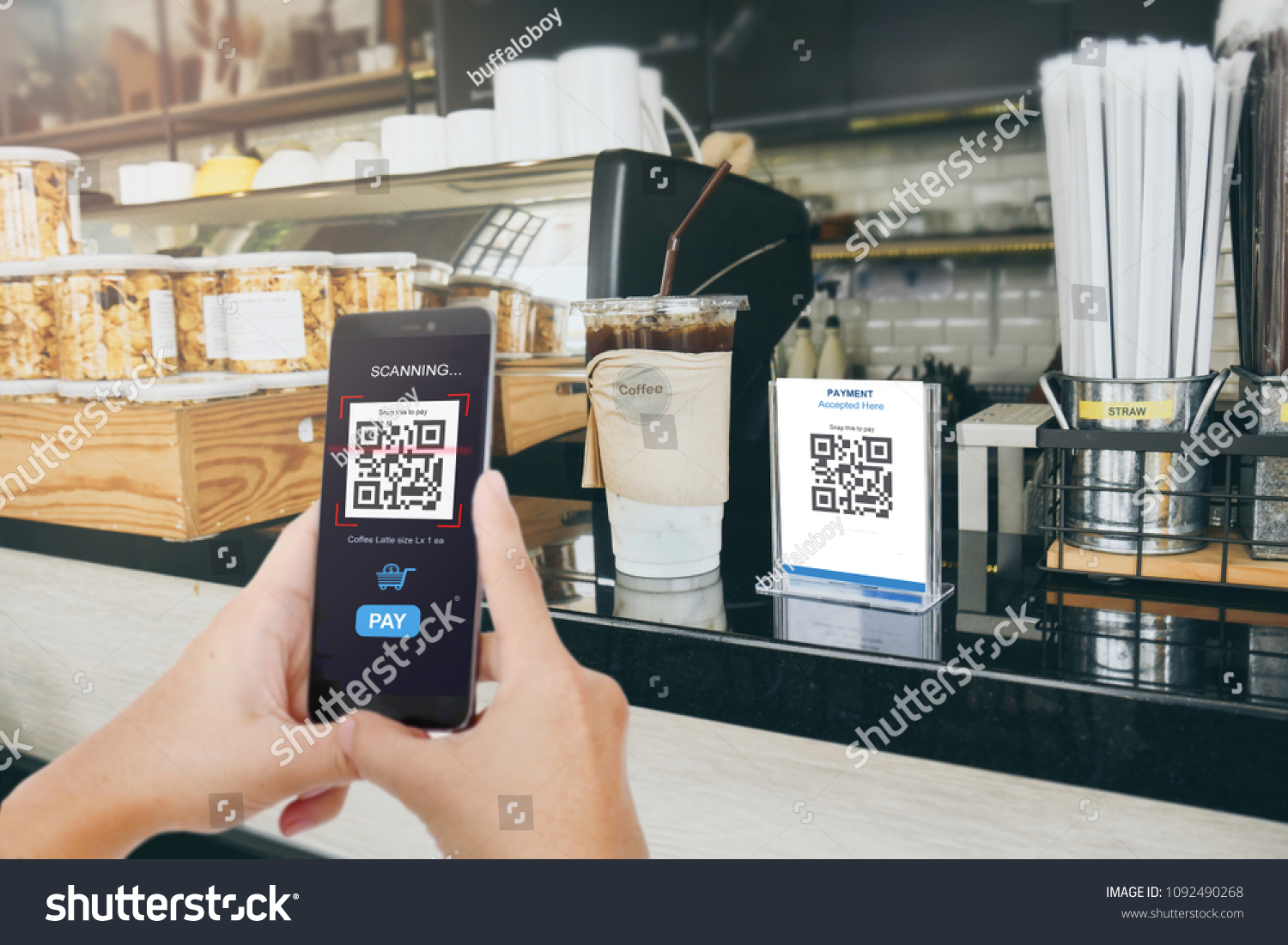 Qr code payment, E wallet , cashless technology concept illustration. Man scanning  tag in Coffee shop accepted generate digital pay without money. #1092490268