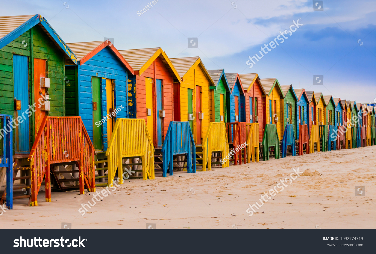 Row of colorful bathing huts in Muizenberg beach, Cape Town, South Africa

 #1092774719