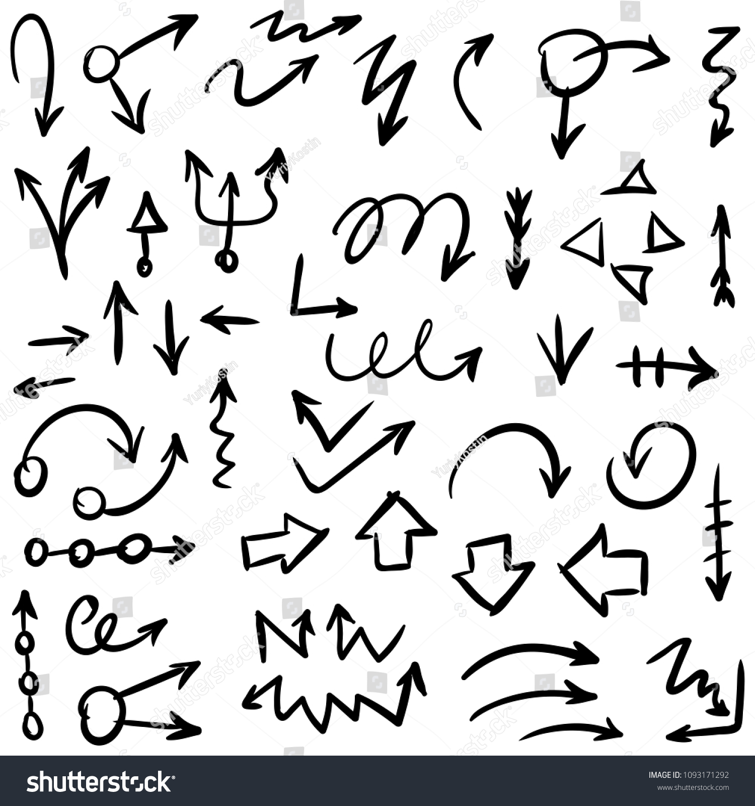 Arrow doodles vector. A set of simple sketches of arrows. Up, down, left, right ones. The effect of a pencil sketch isolated on white background. Vector eps 10. #1093171292