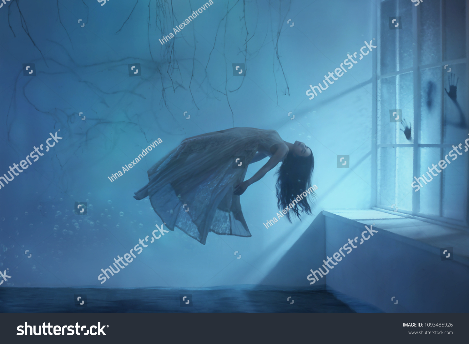 ghost girl long hair in a vintage dress. Room under water. photograph of levitation resembling  dream. dark Gothic interior branches  huge window blue light Art photo mysterious woman silhouette  #1093485926