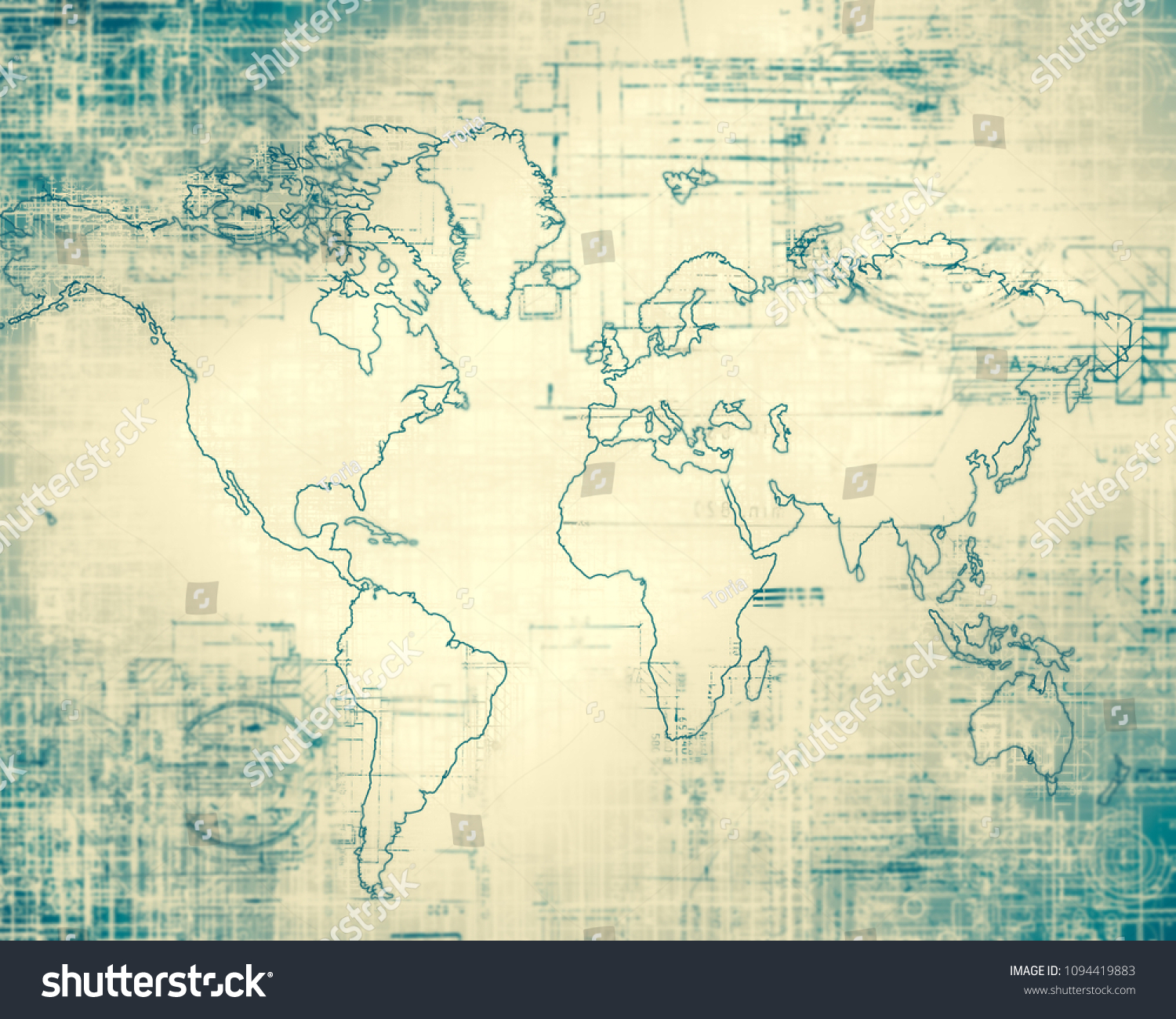 World map on a technological background, glowing lines symbols of the Internet, radio, television, mobile and satellite communications. #1094419883