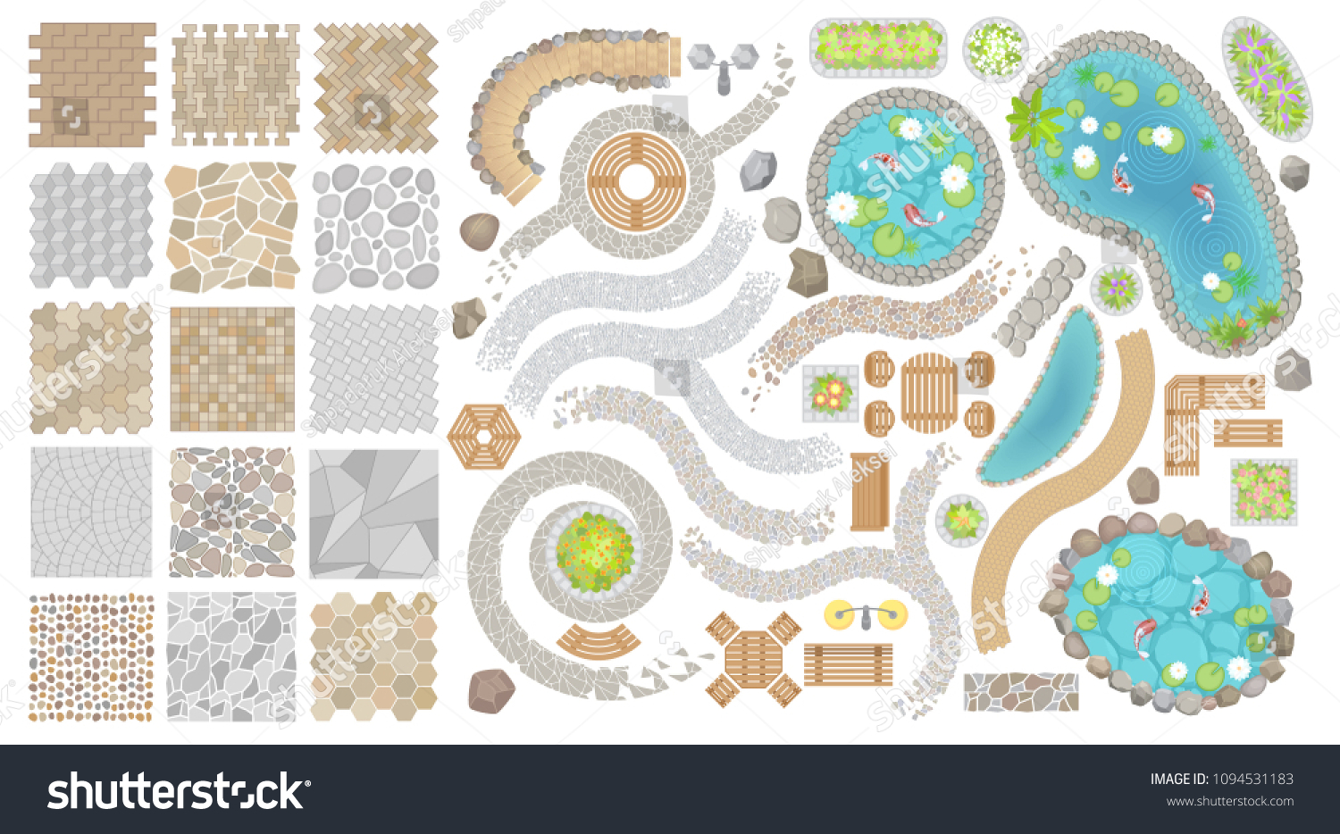 Set of vector street pavements and elements of the park. (Top view) Collection for landscape design, plan, maps. (View from above) Flowerbed, paths, furniture, ponds, stones. #1094531183