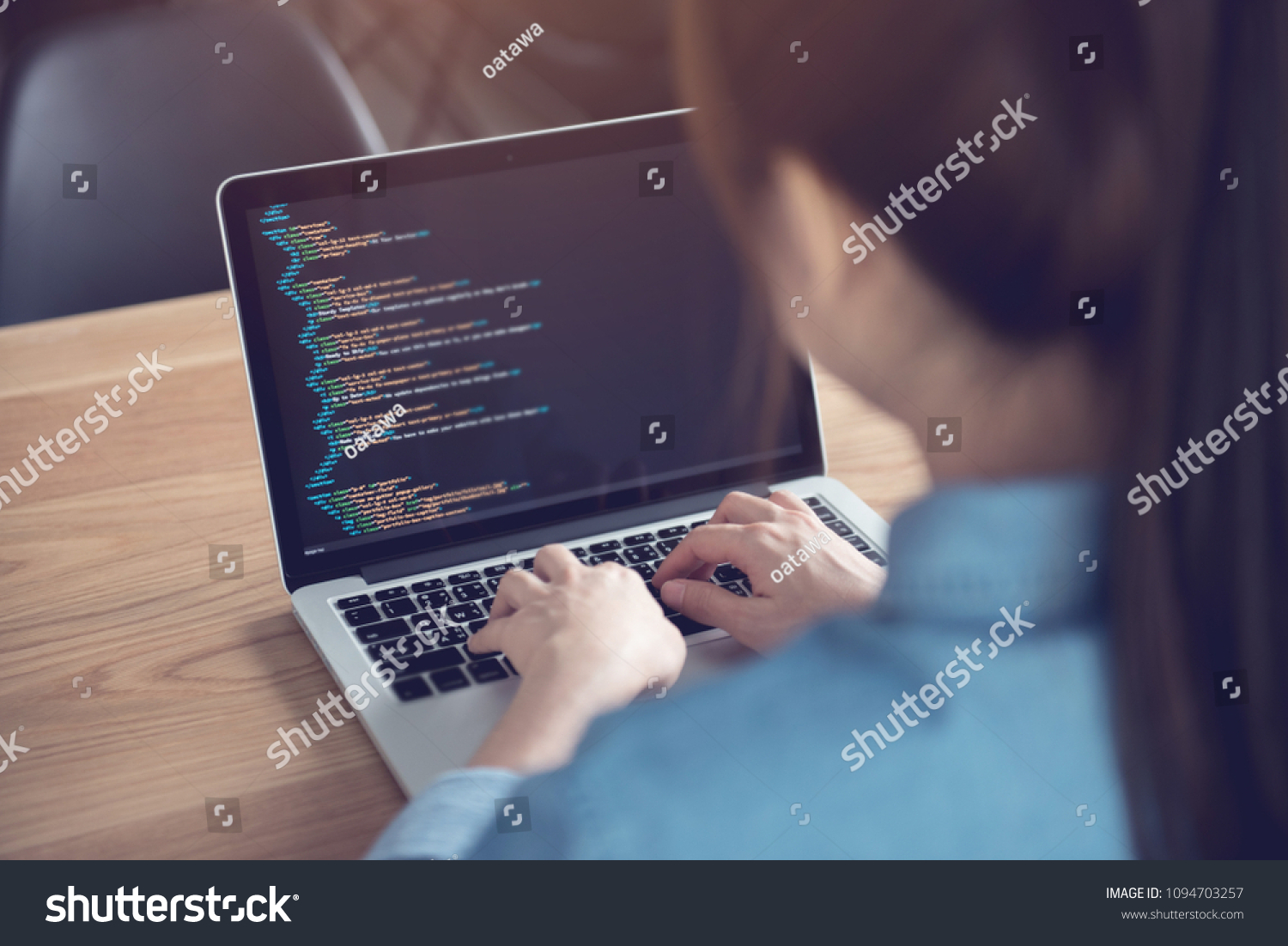 Close up Woman hands coding html and programming on screen laptop, development web, developer. #1094703257