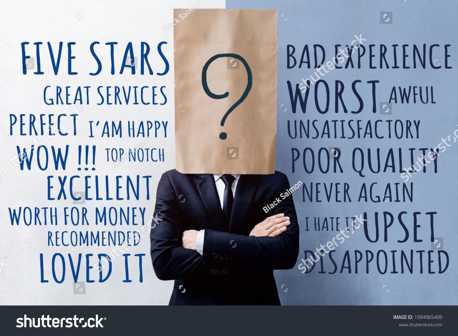 Customer Experience Concept, Businessman Client with Question Mark Icon on Paper Bag, Crossed arms and wearing Suit. Concrete Wall with Wording of Positive and Negative Reviews #1094965409